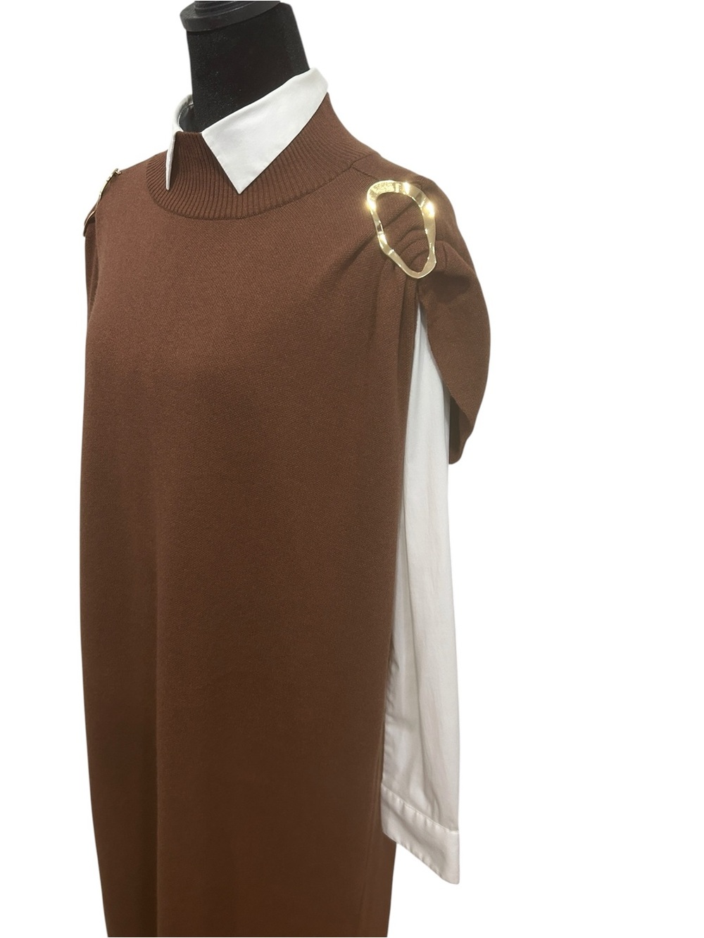 Anthropologie new Maxi knit dress large brown &gold Buckle Draped Mock Neck chic - Picture 15 of 16
